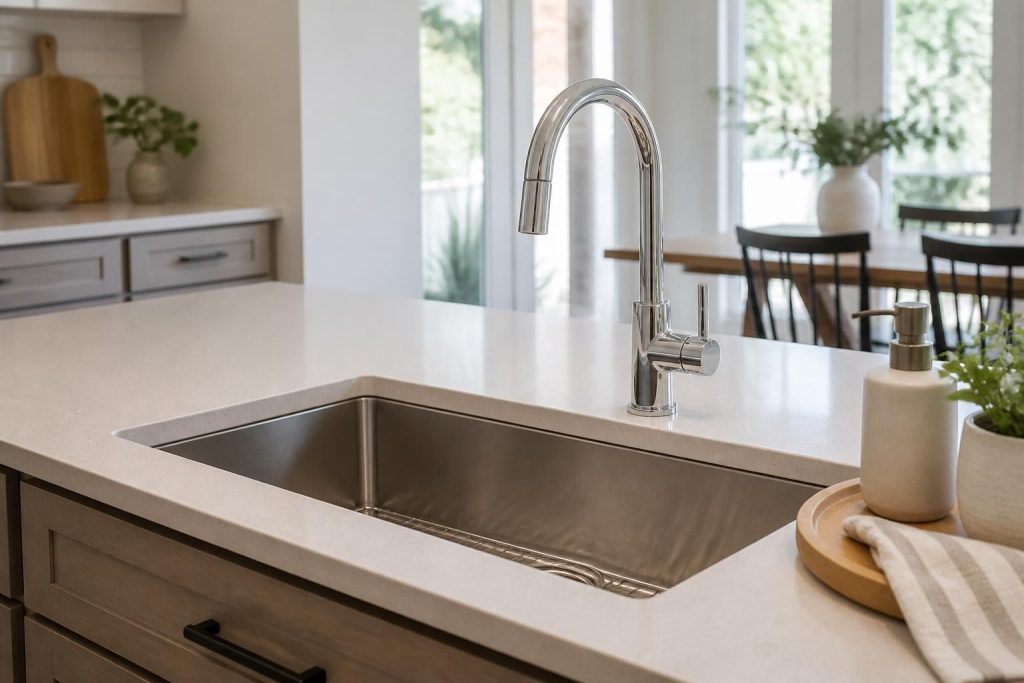 Bright modern kitchen sink with clean polished drain fixtures